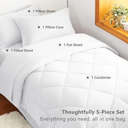  Juego de Edredón con Sábanas - 5 Piezas Cama en Bolsa Toda Temporada Cama Doble Blanco Foto 3 de 4