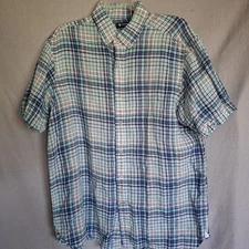 Cremieux Classics Men's Large Shirt Short Sleeve Blue Plaid Linen Button Down