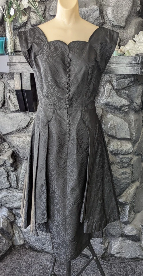 Vtg 50s Adele Simpson Cocktail Dress Black Damask Sweetheart Neck Med Train - Image 3 of 4