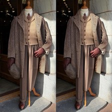 Tweed Herringbone Men's Long Overcoats Formal Business Vintage Outdoor Coats