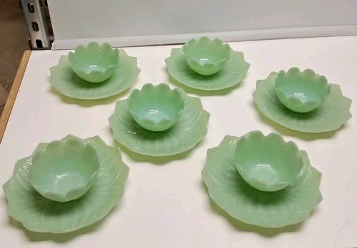 Set Of 6 Fire-King Jadeite LOTUS Leaf and Blossom Dessert Plates and Fruit Bowls
