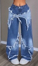 SHEIN EZwear Casual Washed Wide-Leg Baggy Jeans With Star Applique Frayed Hem