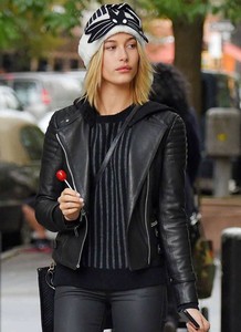 Details About Womens Stylish Hailey Baldwin Asymmetrical Black Leather Jacket