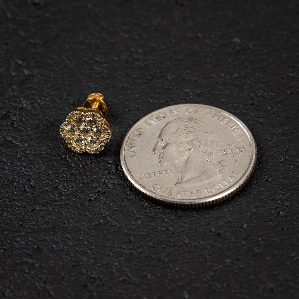 Aretes con racimo de flores de diamantes naturales helados de oro amarillo real de 14K para hombre Foto 4 de 4