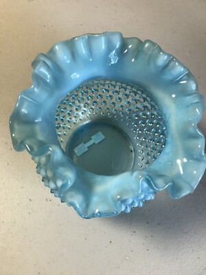 1940's Fenton Blue Opalescent Hobnail Ruffle Bowl 5