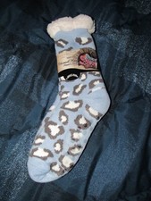 New Mia  Tess Thermal Knit Slipper Socks Blue Animal Print Fleece