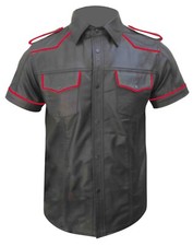 Mens Genuine Leather Police Uniform Style Shirt Short Sleeves Gay Leather Shirts