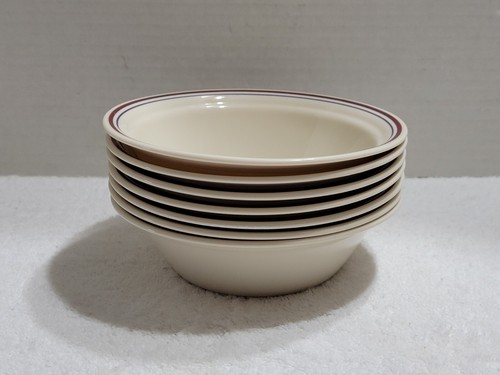 SET OF 7 CORELLE ABUNDANCE 6 3/4" SOUP BOWLS SANDSTONE W/ MAROON & BLUE BANDS - Picture 3 of 6