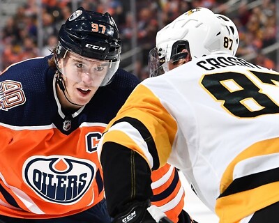 Connor McDavid vs Sidney Crosby Faceoff Oilers Penguins 8x10 NHL Photo