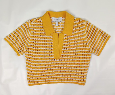 Derek Lam 10 Crosby Crochet Crop Polo Top Orange White Striped Short Sleeve S