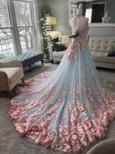 Luxury Pink and Blue A-Line Wedding Dresses Halter Neck 3D Flowers Bridal Gowns