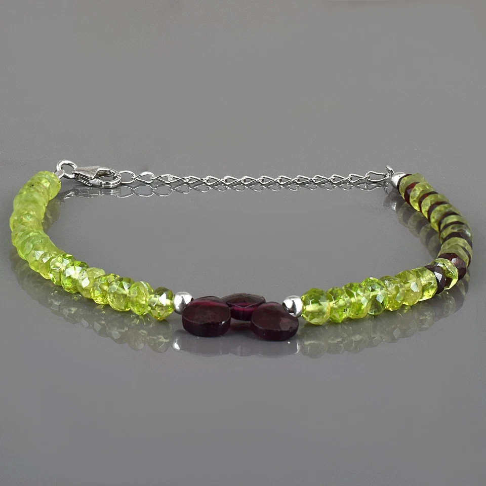 Mix Edelstein Natürlich Peridot & Granat Perlen 925 Sterlingsilber Damen Armband - Bild 2 von 4
