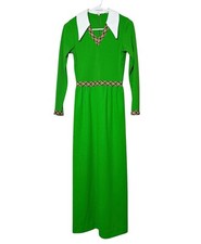 Vtg Green Maxi Dress 60s 70s Size Small dagger collar orange plaid trim GROOVY