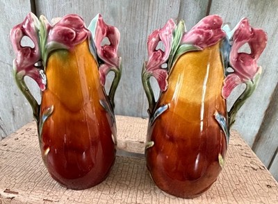 Pair of French Majolica Barbotine Vase  6335 Brown, Pink Green Flowers Vintage