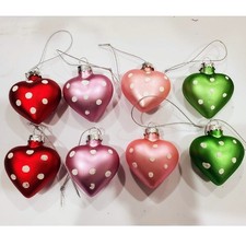 2" Glass Polka Dotted Heart Shaped Ornaments Lot of 8 Valentines Day