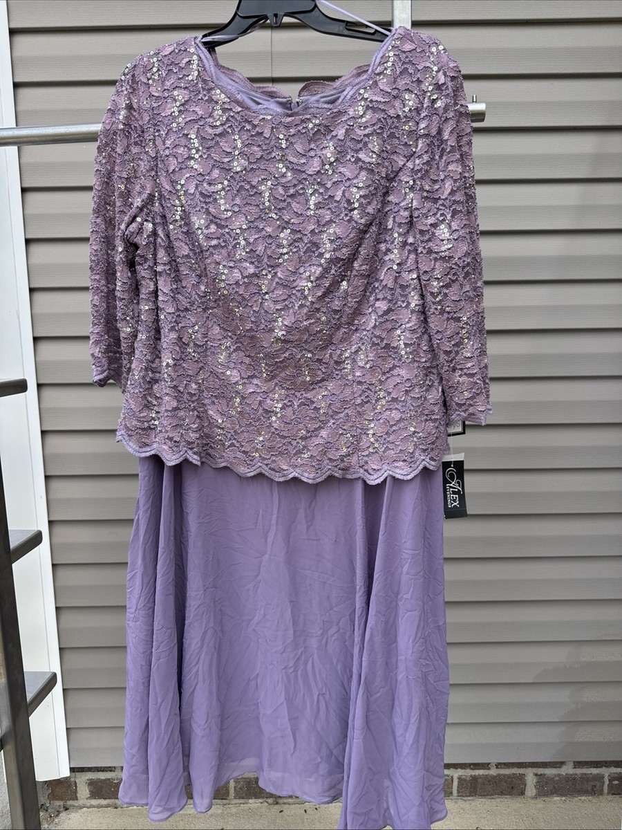 Alex Evenings Women's Purple Sequined Lined Lace A-Line Dress Plus Size 20W