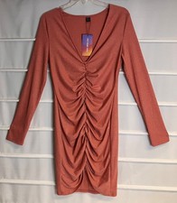 Shein Coral Orange Metallic Thread Ruched Front LS Pullover Dress 8/10 NWTS!