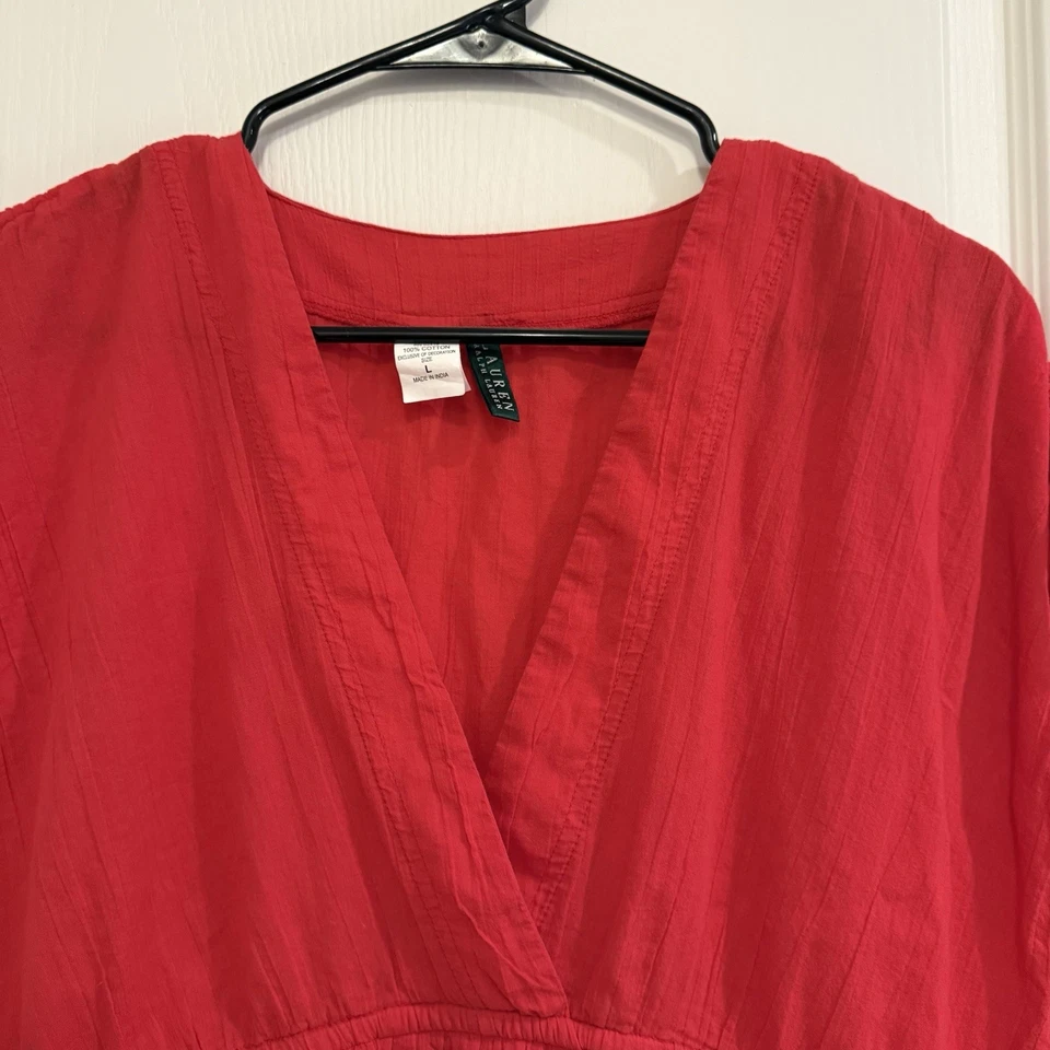 Lauren Ralph Lauren Playa Cubre 100% Algodón Bolsillos Rojo Coral Grande Foto 3 de 4