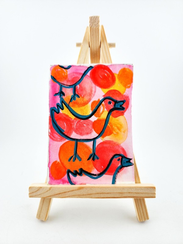 ACEO Original Mixed Media Bird, Pattern, By Vanessa S. 2.5"×3.5"