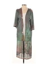 Green Sheer Duster Kimono Colorful Floral Pink Accents Med 3/4 Sleeve Boho Fairy