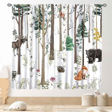 Woodland Nursery Curtains, Rustic Forest Animals Watercolor Wild Safari Animals