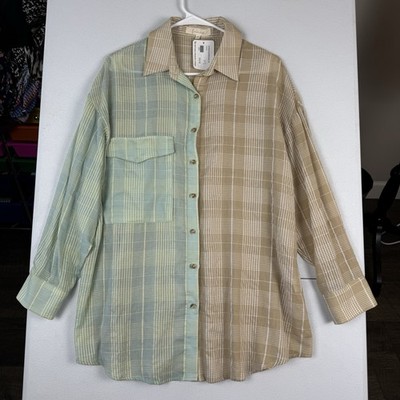 Fanco Two Tone Button Down Shirt Womens M Medium Blue Tan Oversized Lightweight