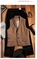 Mens Retro Wool Herringbone Suit Vest Gentleman Tweed Waistcoat Coat Big Size
