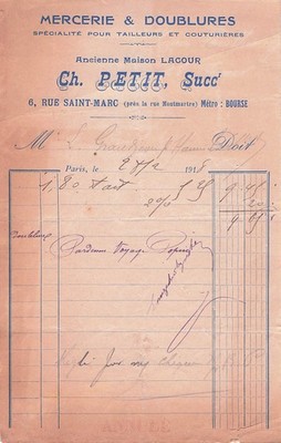 75 PARIS Kurzwaren BETU SUC 1915 Rechnung