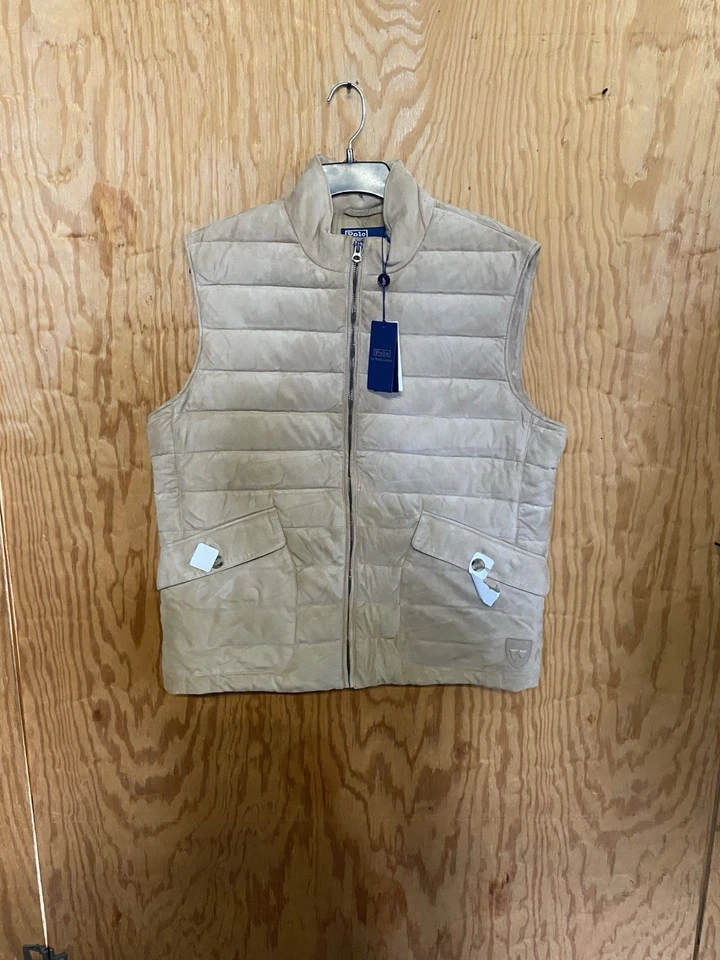 Polo Ralph Lauren Mens Large Khaki Quilted Suede Vest. $898 - Image 2 of 4