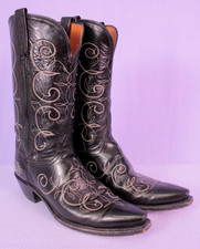 VTG Women's Lucchese 1883 Black W/ White Stitching Western Boots 10 B Snip Toe