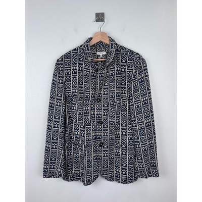 Engineered Garments Men Navy & Ivory Print Lapel Jacket Blazer Size Medium