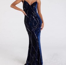 Blue Navy Velvet Maxi Long Dress with sequins Size Small Windsor brand new