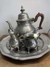 Colonial Williamsburg Stieff Pewter Tea Set Platter Creamer Sugar Teapot Vintage