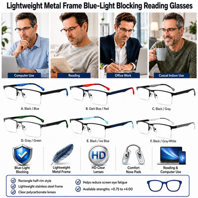 Men Blue Light Blocking Reading Glasses Stainless Steel Computer Readers HD UV