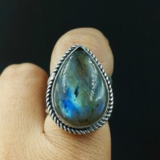 925 Sterling Silver Natural Labradorite Gemstone Handmade Ring Size-7.25 US 