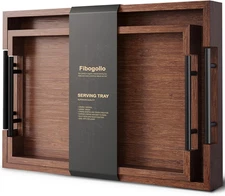 Bamboo Set of 2 Serving Tray with Metal Handles,Ottoman Decorative Trays Platter