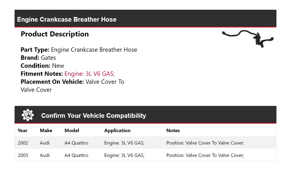 Puertas de manguera respirador cárter motor Audi A4 Quattro 2002-2003 Foto 2 de 3