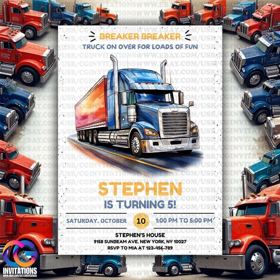 Invitación de cumpleaños de camión azul editable, invitación de cumpleaños de camión semi camión Foto 3 de 4