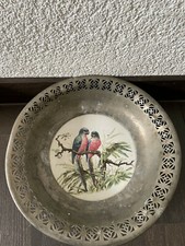 Aus gro&szlig;er Sammlung alte Alu Schale Bild Boden Papagei Keramik  Metalleinfassung