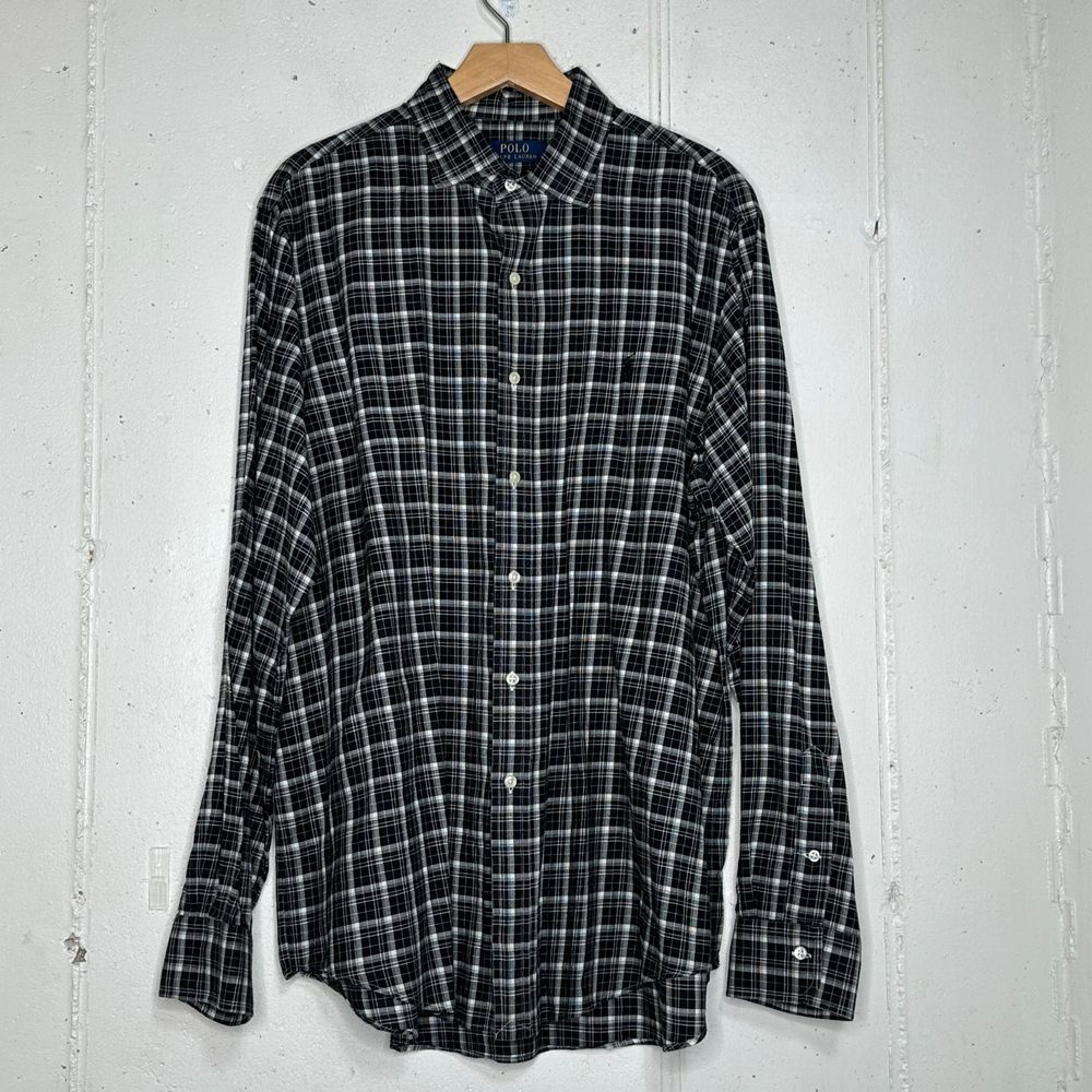 Polo Ralph Lauren Black Plaid Flannel Button Down Long Sleeve Shirt Preppy