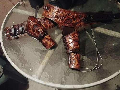 Full Grain Leather Gun Holster Dual Belt Revolver Pistol Cowboy - Picture 5 of 7