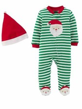 Carters Infant Boys Green Stripe Santa Claus Christmas Sleeper Pajamas  Hat