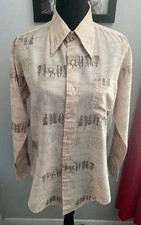 Vtg 70s Ultimo Long Sleeve People Carriage Abstract Design Polyester Shirt Large