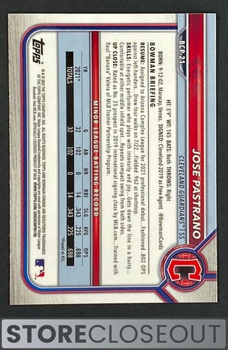 2022 Bowman Chrome Prospects #BCP-21 Jose Pastrano 1st Cleveland Guardians - Picture 2 of 2