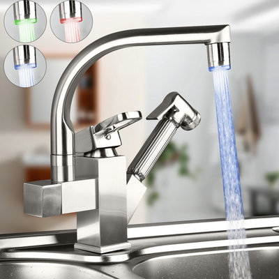 Brushed Nickel LED Swivel Spout Faucet Pull Out Spray Kitchen Sink Mixer Tap