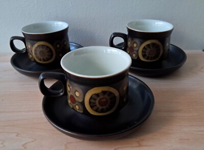 Denby ARABESQUE Samarkand Brown Circles Set Of 3 Cups & Saucers 70 s Vintage