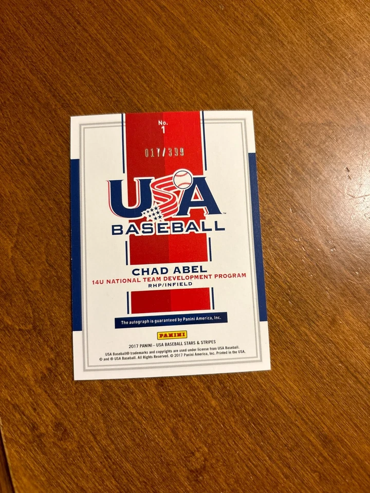 Chad Abel 2017 Panini USA Baseball Stars Stripes Auto #1 14 U National Team /399 - Image 2 of 2
