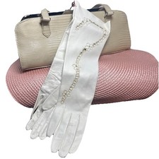VTG White Leather Opera Gloves Floral Embroidered Inlay, Collector Italy