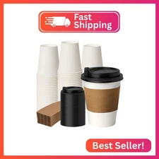RACETOP 50 Pack 12 oz Disposable Paper Coffee Cups with Lids and Kraft Sleeves, 