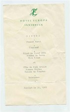Hotel Europa Dinner Menu 1966 Innsbruck Austria 